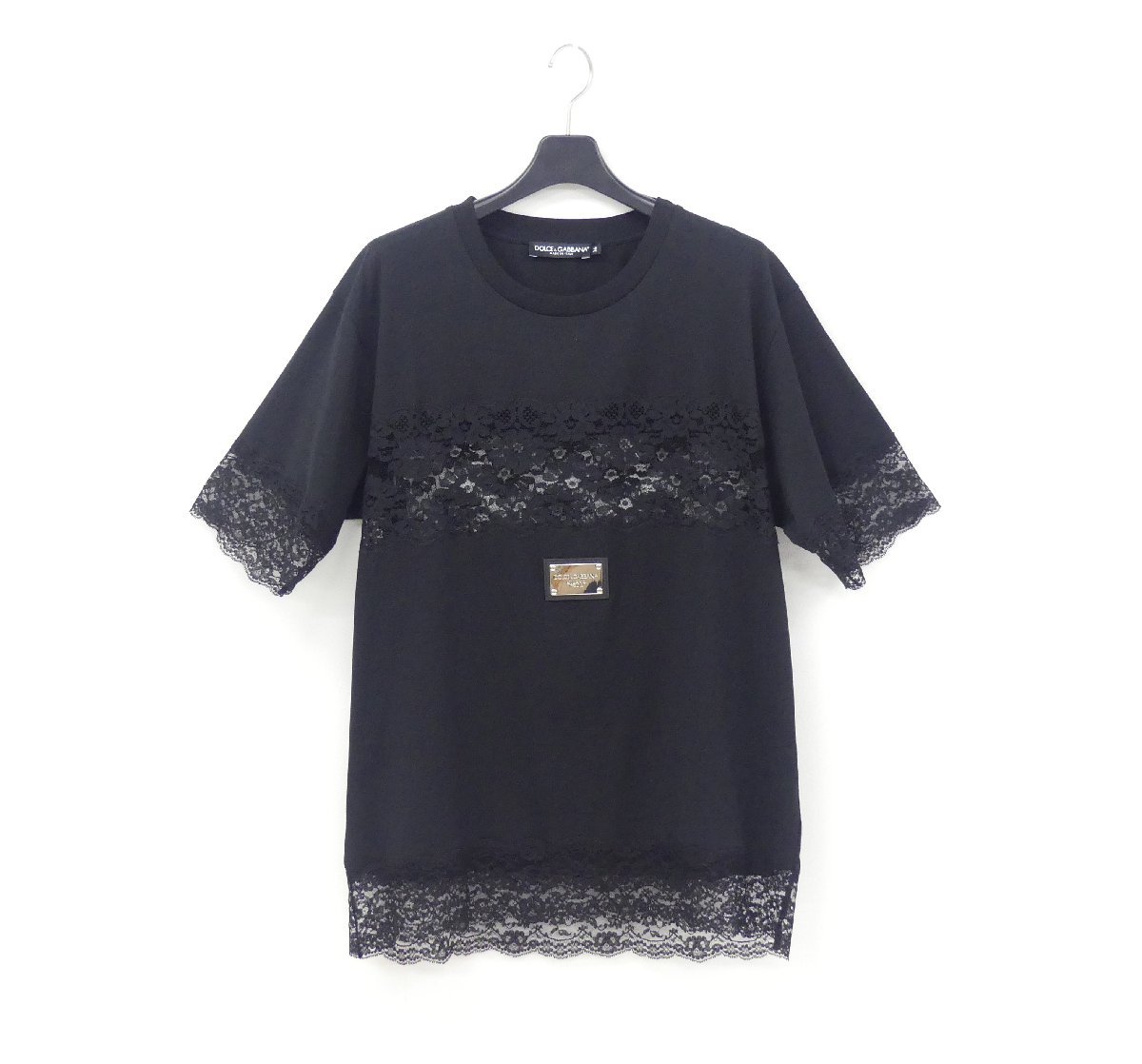 Sランク DOLCE&GABBANA Tシャツ ジャージー レースインサート&ロゴプレート 36 ブラック F8T43TFU7EQN0000_画像2