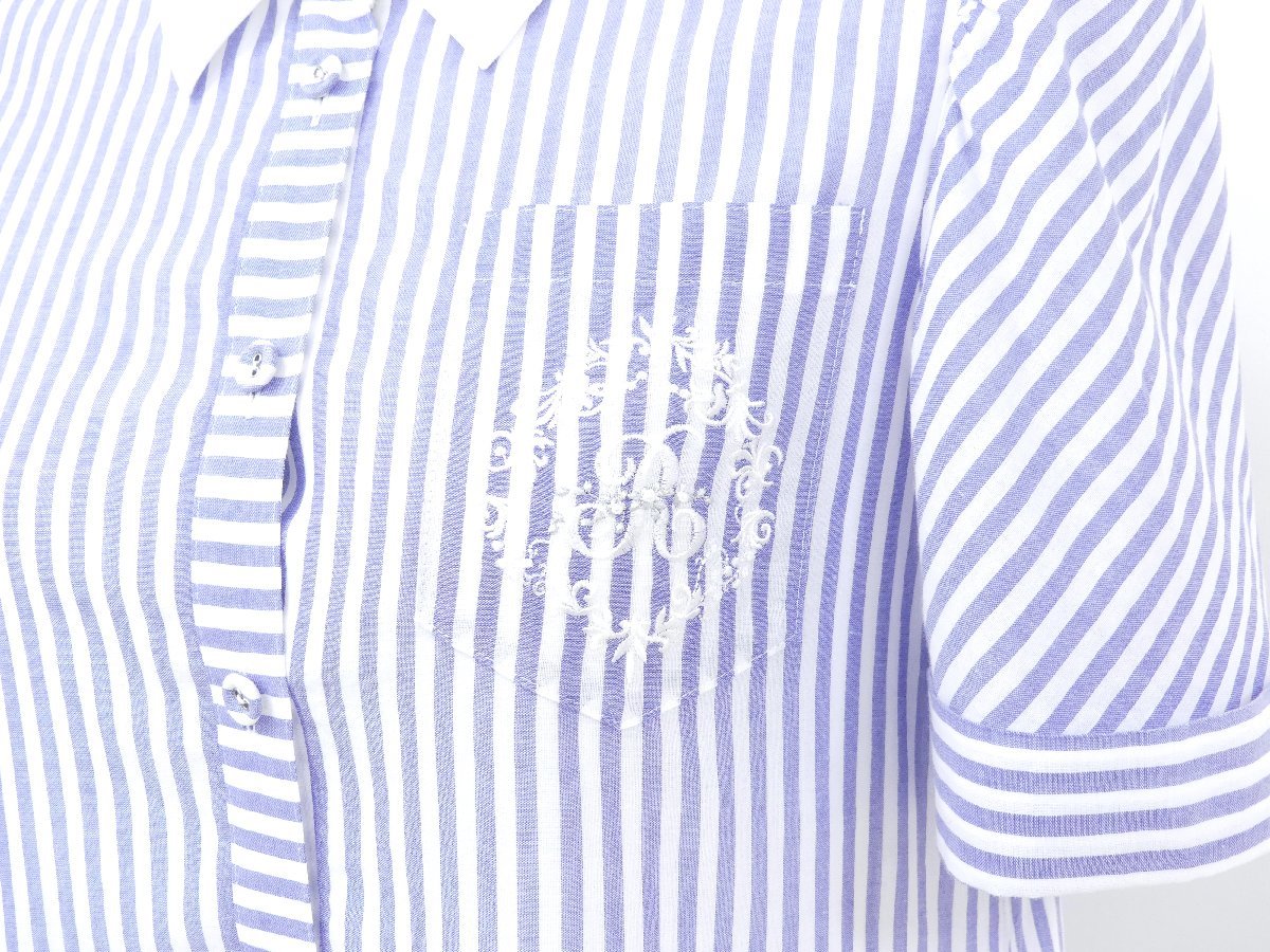 Rene シャツワンピース 36 アイスブルー×ホワイト ストライプ R刺繍 白襟 半袖 ゆったり コットン '22年商品 6226330_画像3