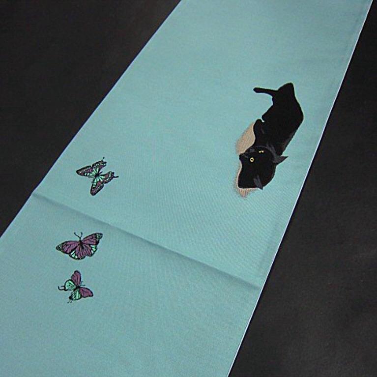 新品未仕立　西陣織高級袋帯　蝶々を追いかける黒猫 クロネコ_画像6
