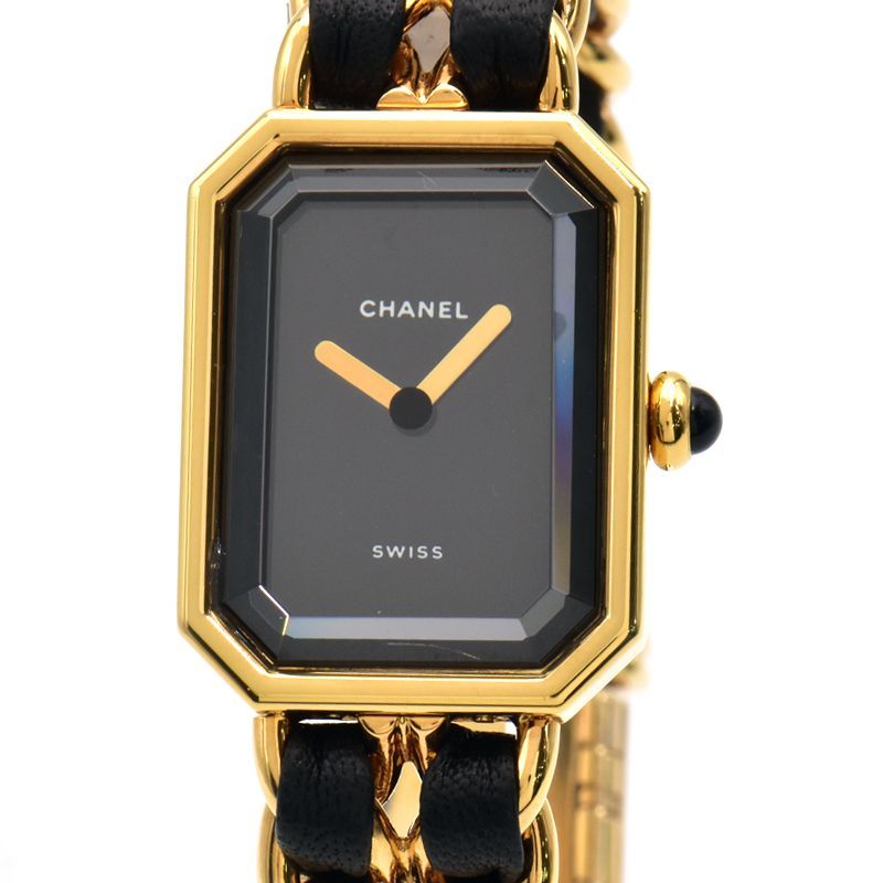 [3 year guarantee ] Chanel lady's Premiere L size H0001 GP Gold leather black square four square shape quarts wristwatch used free shipping 