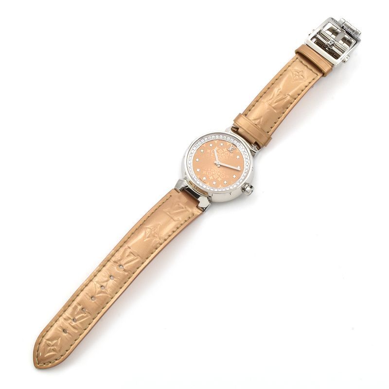 [3 year guarantee ] Louis Vuitton lady's tongue b-ru monogram Q13MS diamond index veruni beige quarts wristwatch used free shipping 