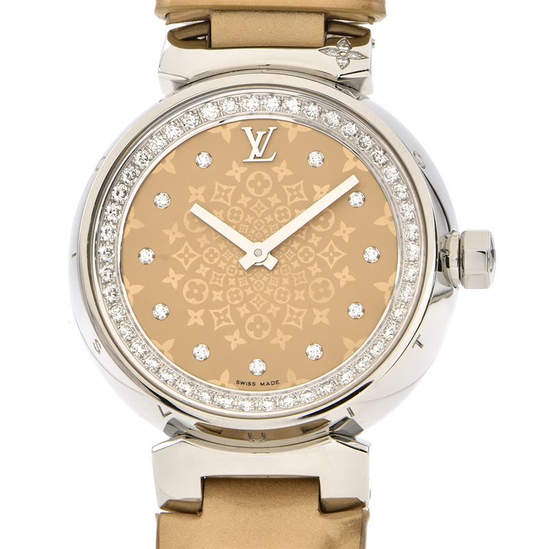[3 year guarantee ] Louis Vuitton lady's tongue b-ru monogram Q13MS diamond index veruni beige quarts wristwatch used free shipping 
