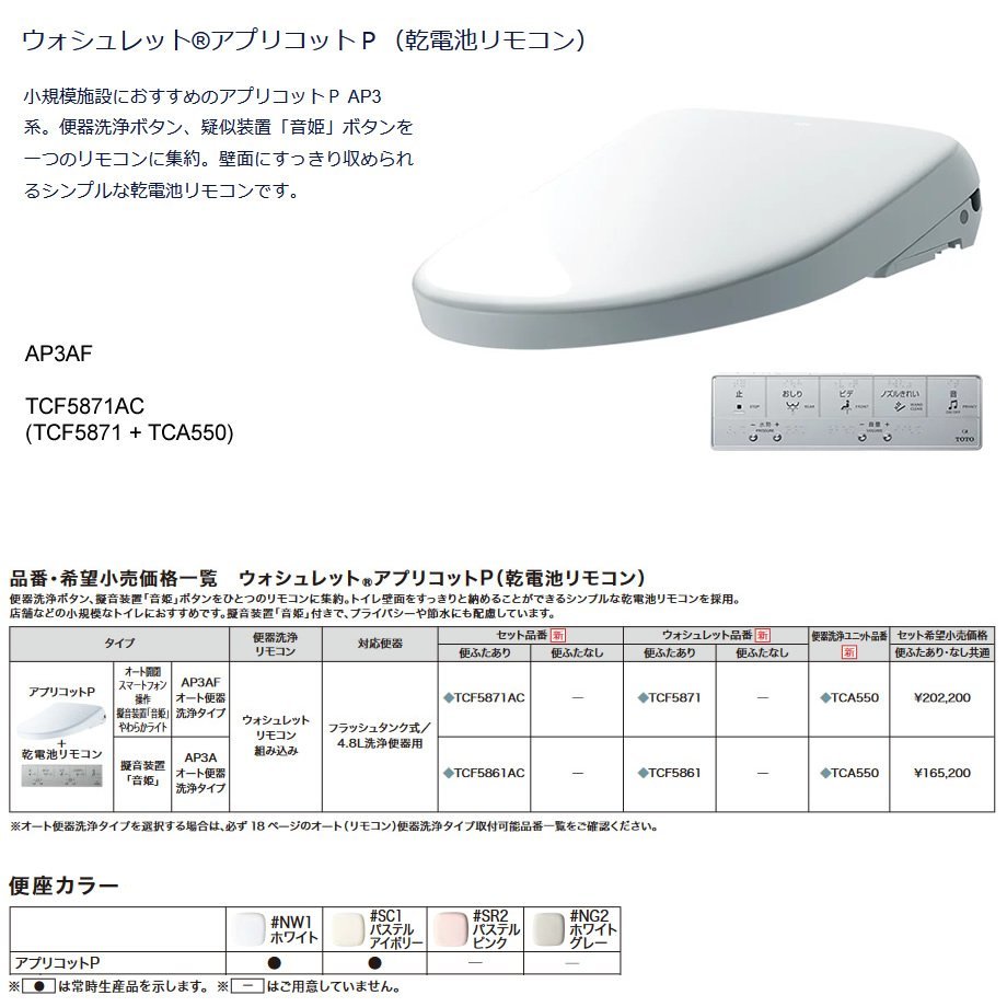 新品 TOTO ウォシュレット アプリコットP AP3AF TCF5871AC #NW1 ホワイト (TCF5871 + TCA550) 乾電池リモコン_画像2