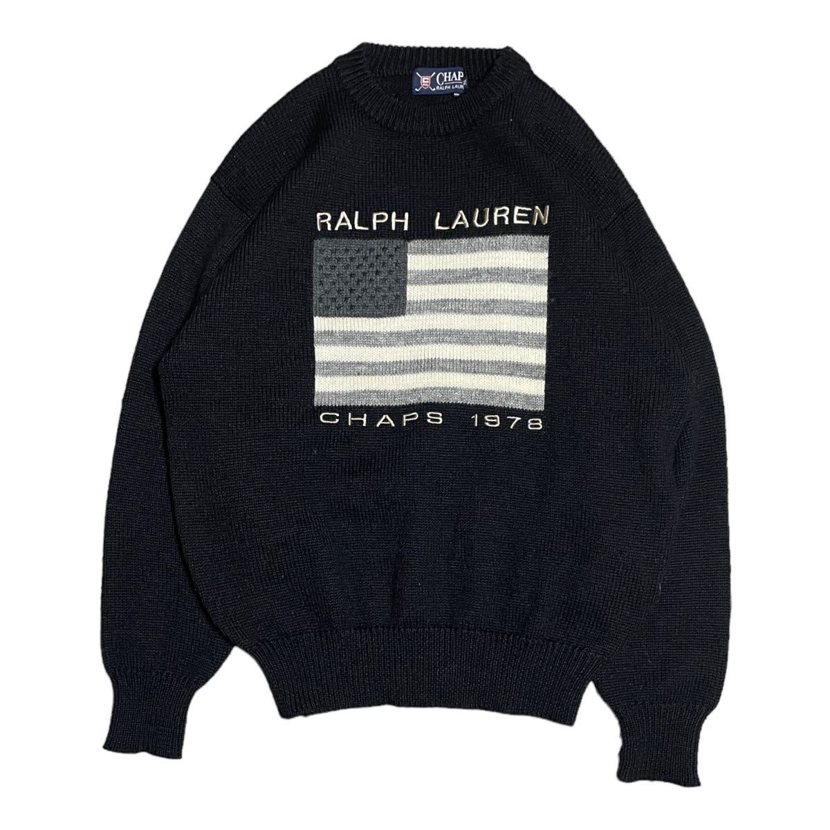 90's CHAPS Ralph Lauren チャップス　ラルフローレン　星条旗　フラッグセーター/ニット　黒　ブラック　Mサイズ　ウール/毛　100