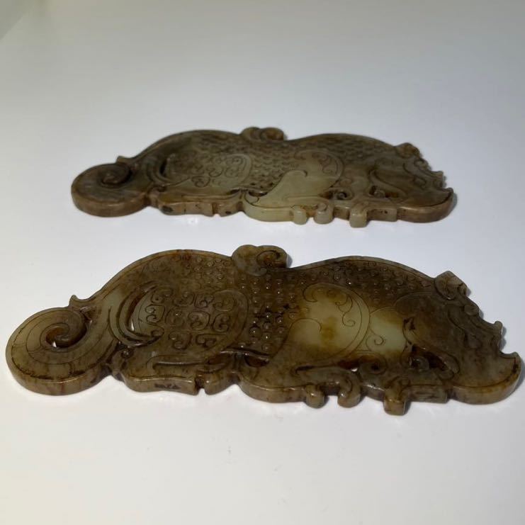 【聚寶堂】和田古玉彫刻 15cm×6cm 根付 中国美術 古玩 ２点セット WH-32