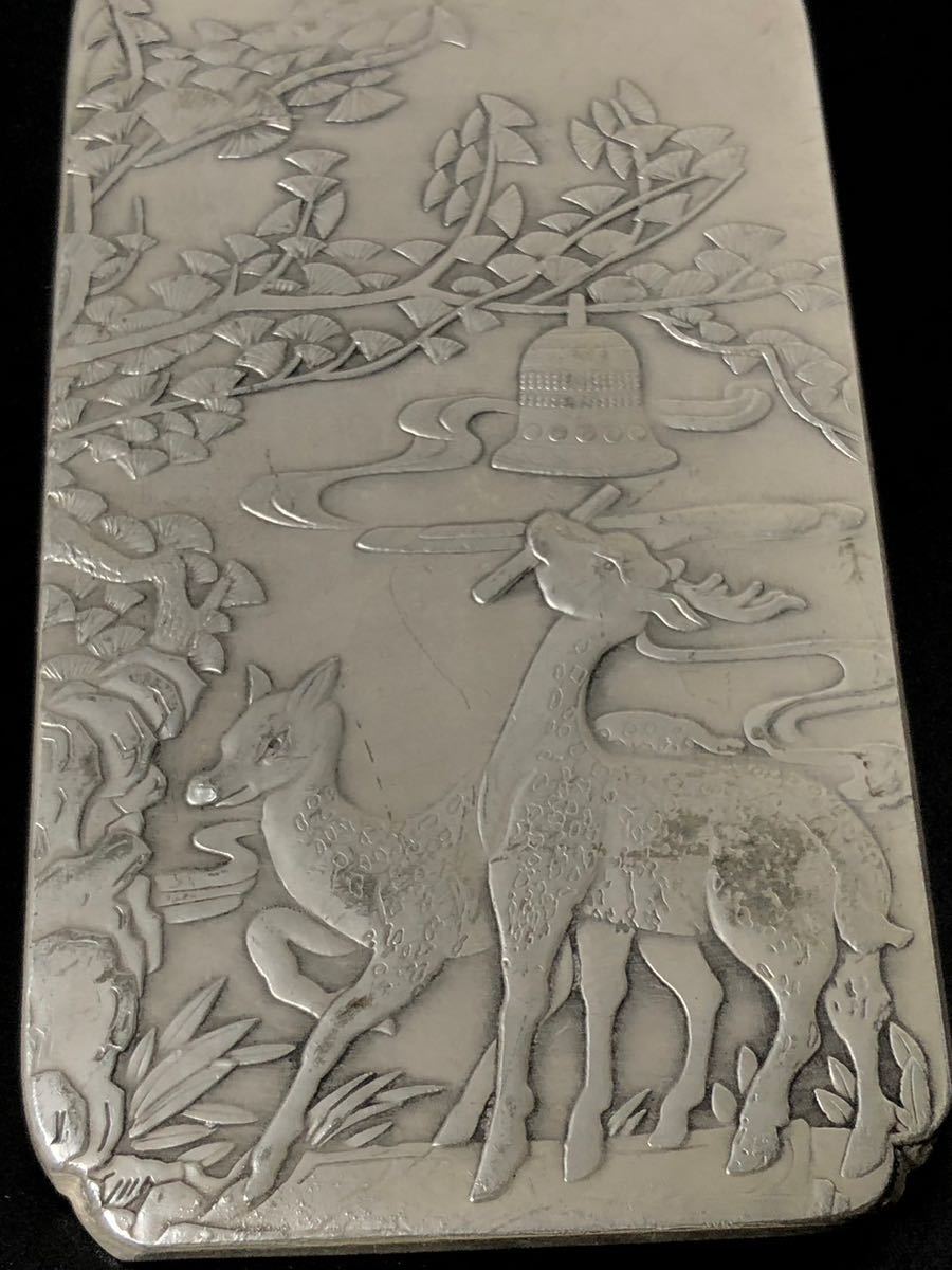 中国唐物 銅器 銀器 苗銀 白銅 掛件 掛牌 風水令牌 極細工 足銀 刻印有り 双鹿 動物彫刻紋_画像7