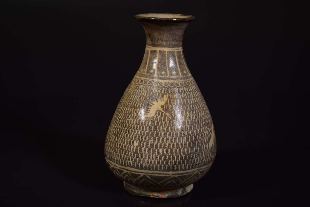 和】(7485) 時代古作李朝三島象嵌鶴文瓶花生保管箱有徳利-日本代購代