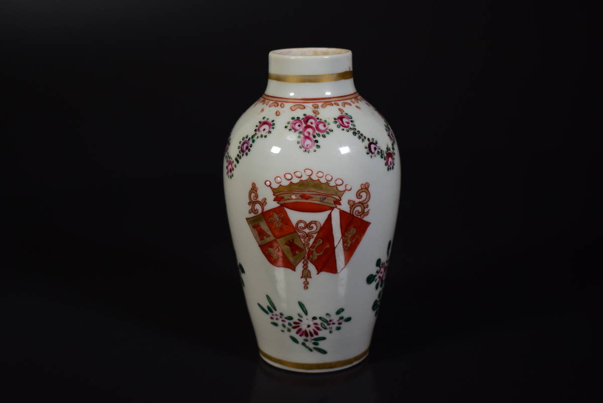 【和】(7504)　時代古作　西洋アンティーク色絵紋章花瓶　シャンティ　シェリー　マイセン　古伊万里