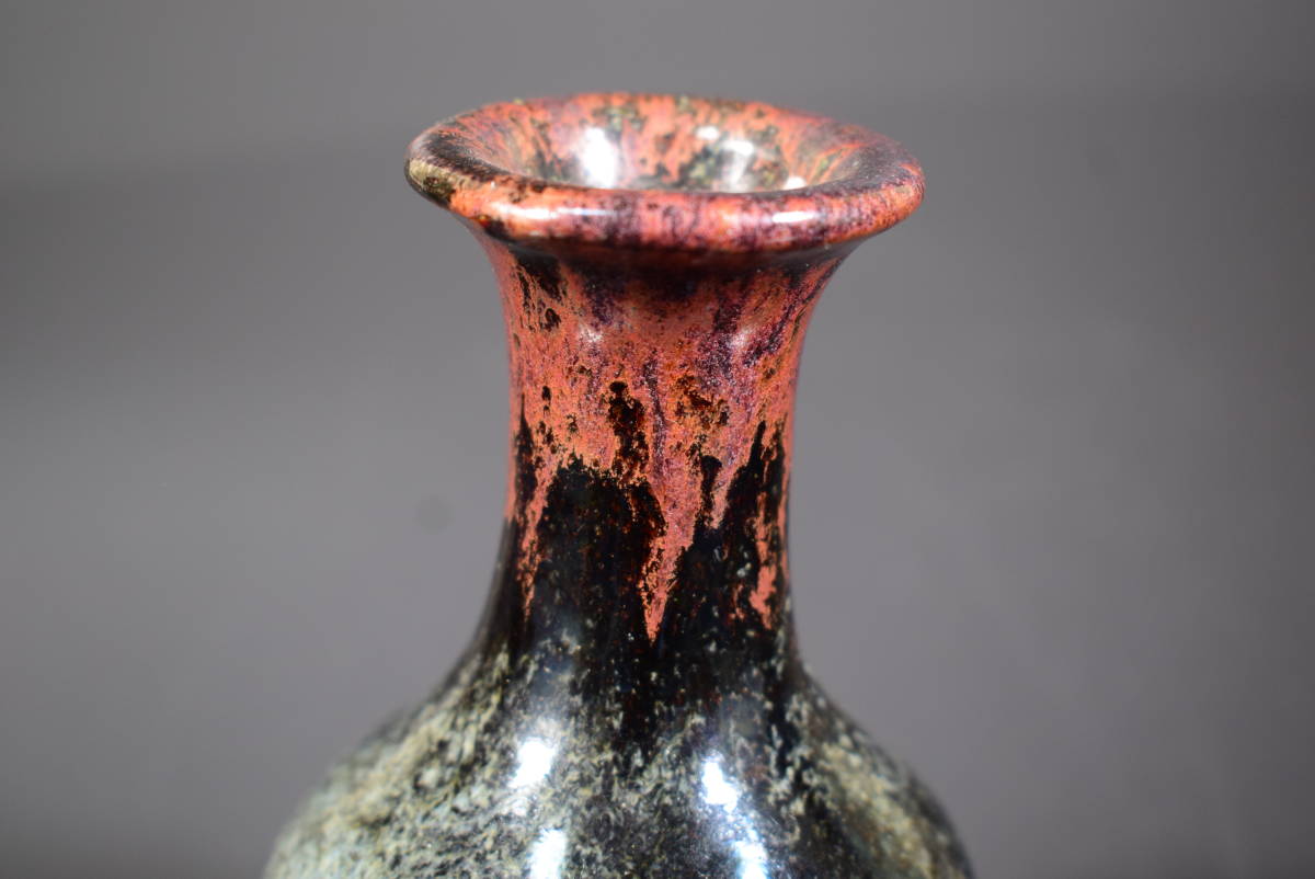 【和】(7548)　時代古作　唐物　海鼠釉花生　花瓶　唐木製台有　保管箱有_画像6
