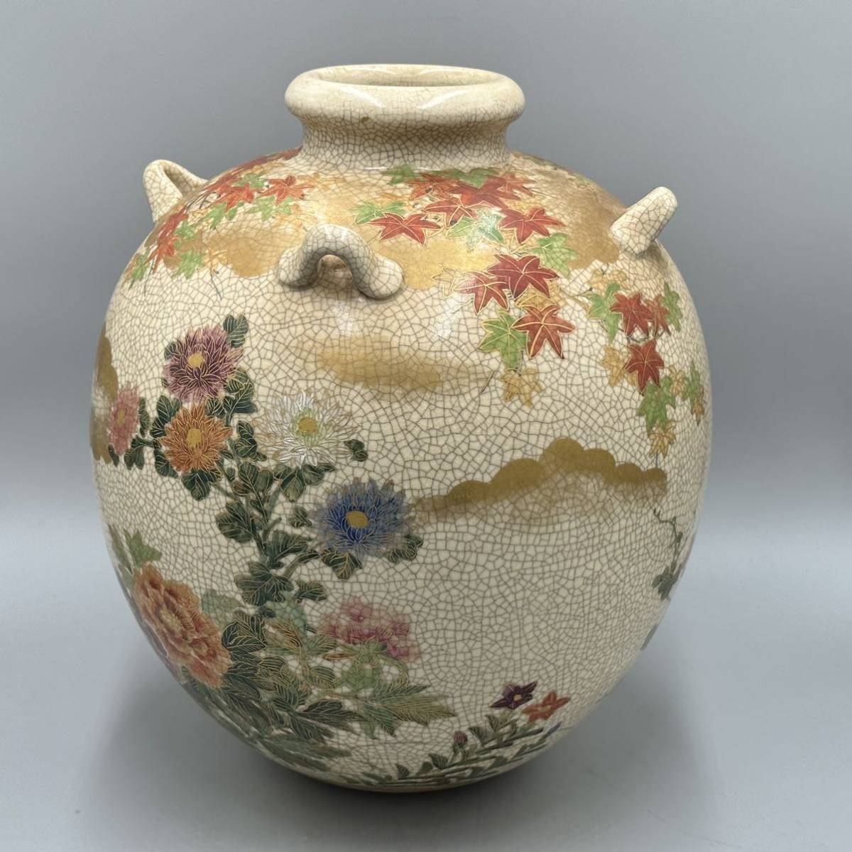 野々村仁清　金彩紅葉花鳥図　四耳花瓶　約36cm 京焼　色絵　飾壺　23.11/sw_画像5