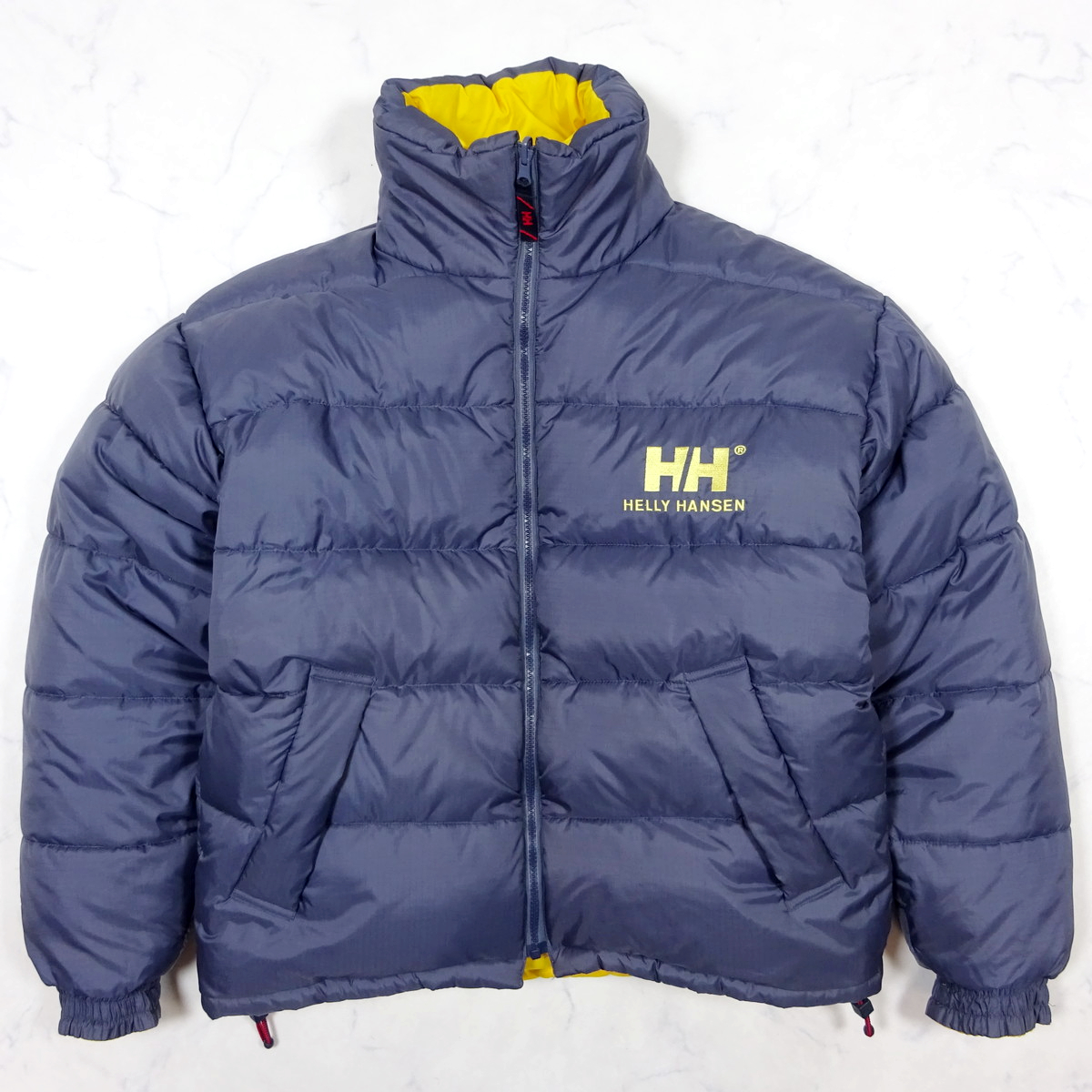 90s HELLY HANSEN ヘリーハンセン 極肉厚 リバーシブルダウンジャケット グレーxイエロー Mサイズ HVF9885 ゴールドウィン 正規品_画像1