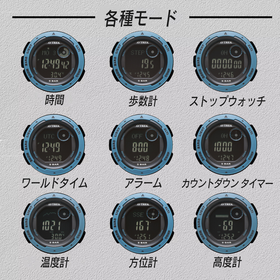 AVTREK ダスティブルー アウトドア 登山用 トレッキング デジタルウォッチ 腕時計 方位計 温度計 気圧計 歩数計 天気予測 消費カロリー_画像6