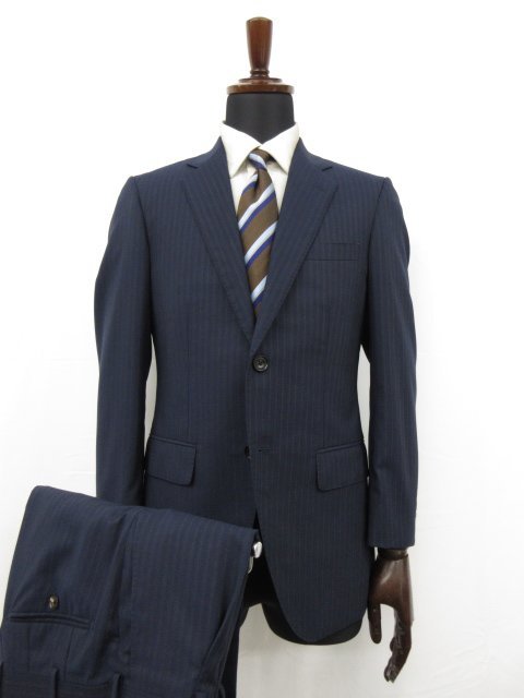 美品 【銀座グローバルスタイル GINZA Global Style】 REDA生地 2B 濃紺 スーツ (メンズ) 44～46相当 ネイビー ストライプ ●27RMS6966