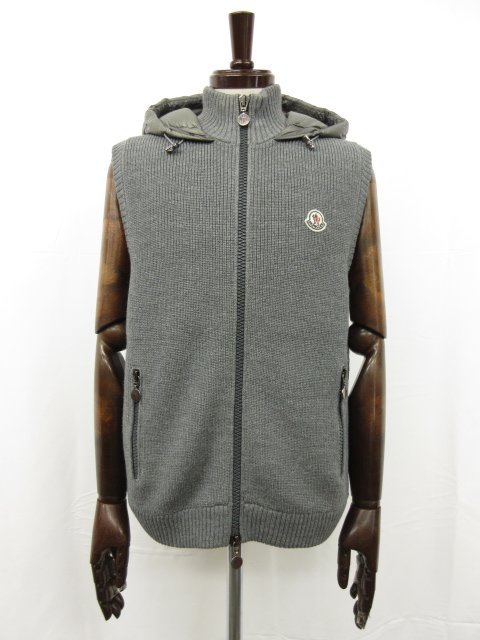 HH美品【モンクレール MONCLER】MAGLIONE TRICOT GILET マリオーネ ニット切替 フード付ダウンベスト ジレ (メンズ) L グレー系●17HR3112_画像1