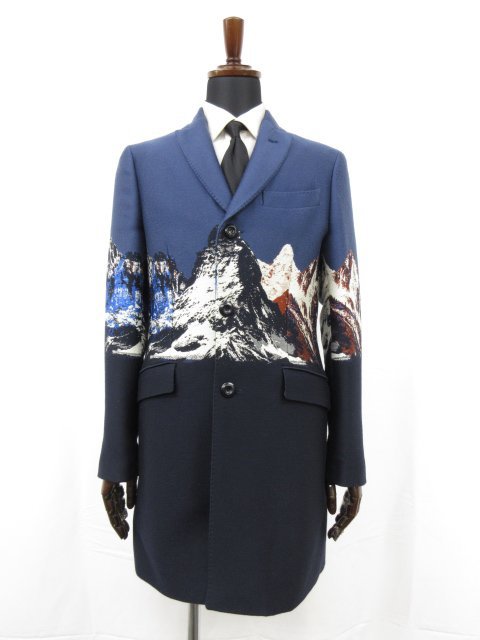 HH美品【エトロ ETRO】172-1C824-0281 絹混 素敵な雪山刺繍柄 プリント柄裏地 チェスターコート (メンズ) 46 ネイビー系 伊製●17HR3146●の画像1