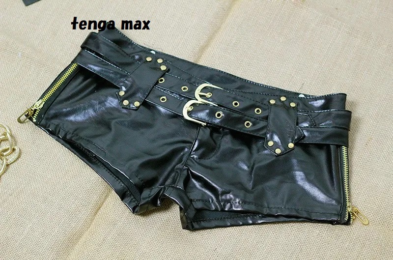 # side zipper PU leather sexy Short hot pants # double zipper double belt super low waist cosplay F545