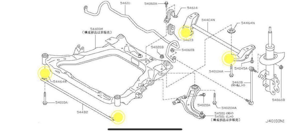 【取説付き】C26 セレナ　ウレタン ブッシュ エーテル系　前後セット 日産 フロント メンバー サスペンション ①_商品取り付け位置