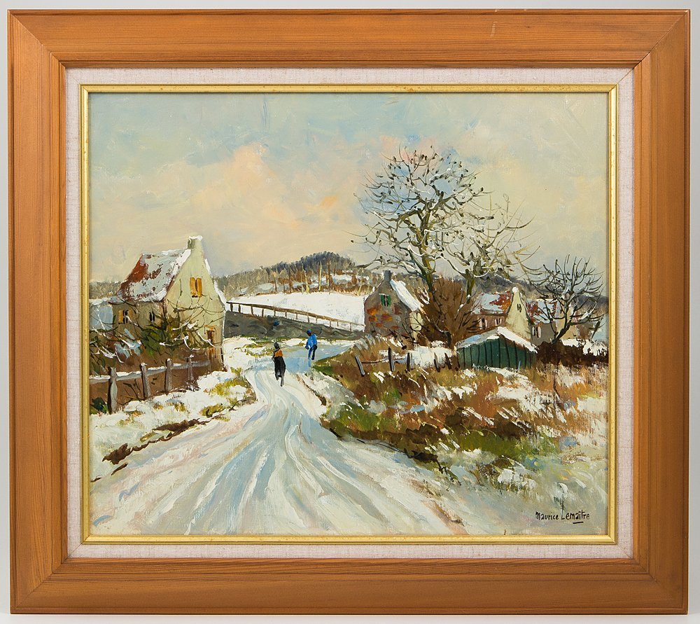 【五】真作 モーリス・ルメートル Maurice Lemaitre 『雪の道』 油彩 キャンバス 10号 額装_画像1