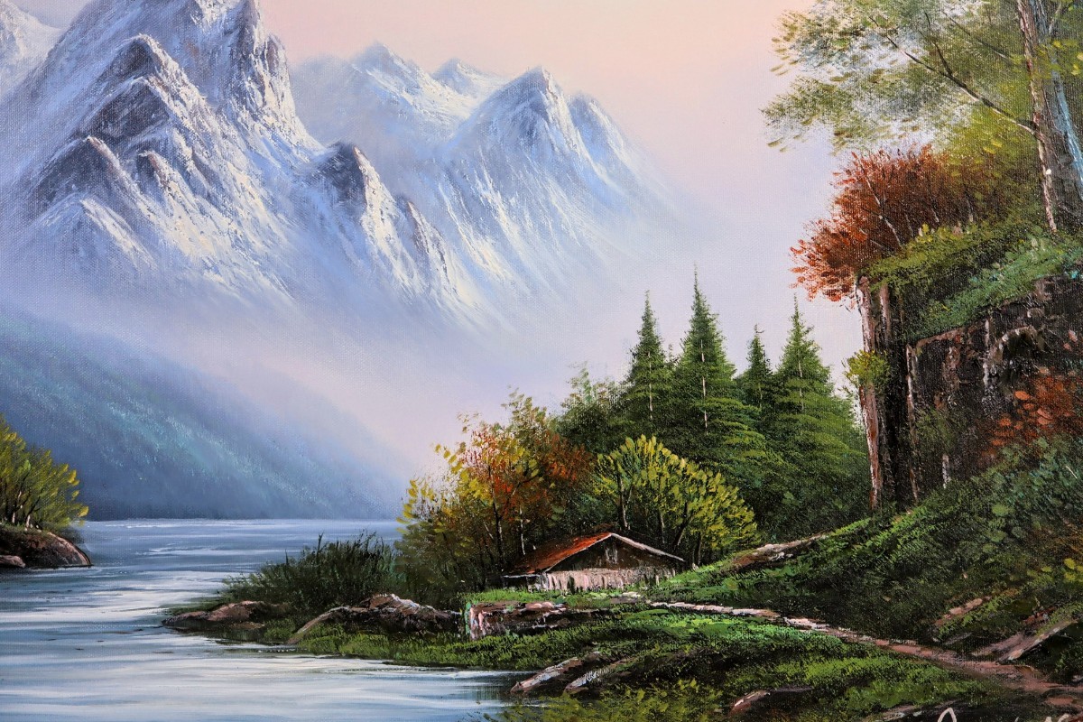 genuine work Anne ti Williams Daisaku oil painting [ mountains scenery ]. size 80cm×40cm Korea person author Kim Tae Bok male large become wide panorama. Alps scene 8132