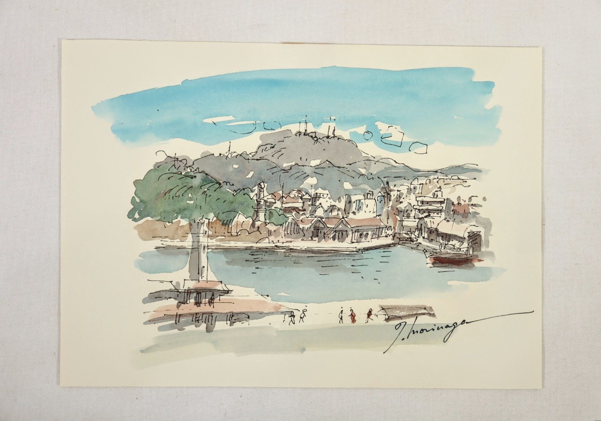 真作 森長武雄 水彩「漁村風景」画寸 28cm×20cm 徳島県出身 新世紀美術協会委員 原点とも言える徳島の原風景をテーマ 長閑な港風景 8174_画像2