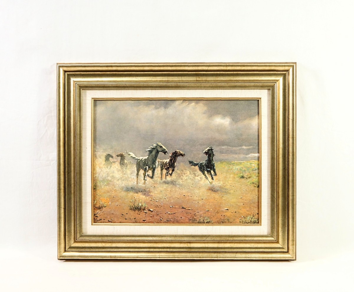 アルボー 代表作複製「荒野の群馬」画寸 40cm×30.5cm F6 エストニア人作家 滞米 砂煙を上げたてがみをなびかせ疾走する駿馬 8188