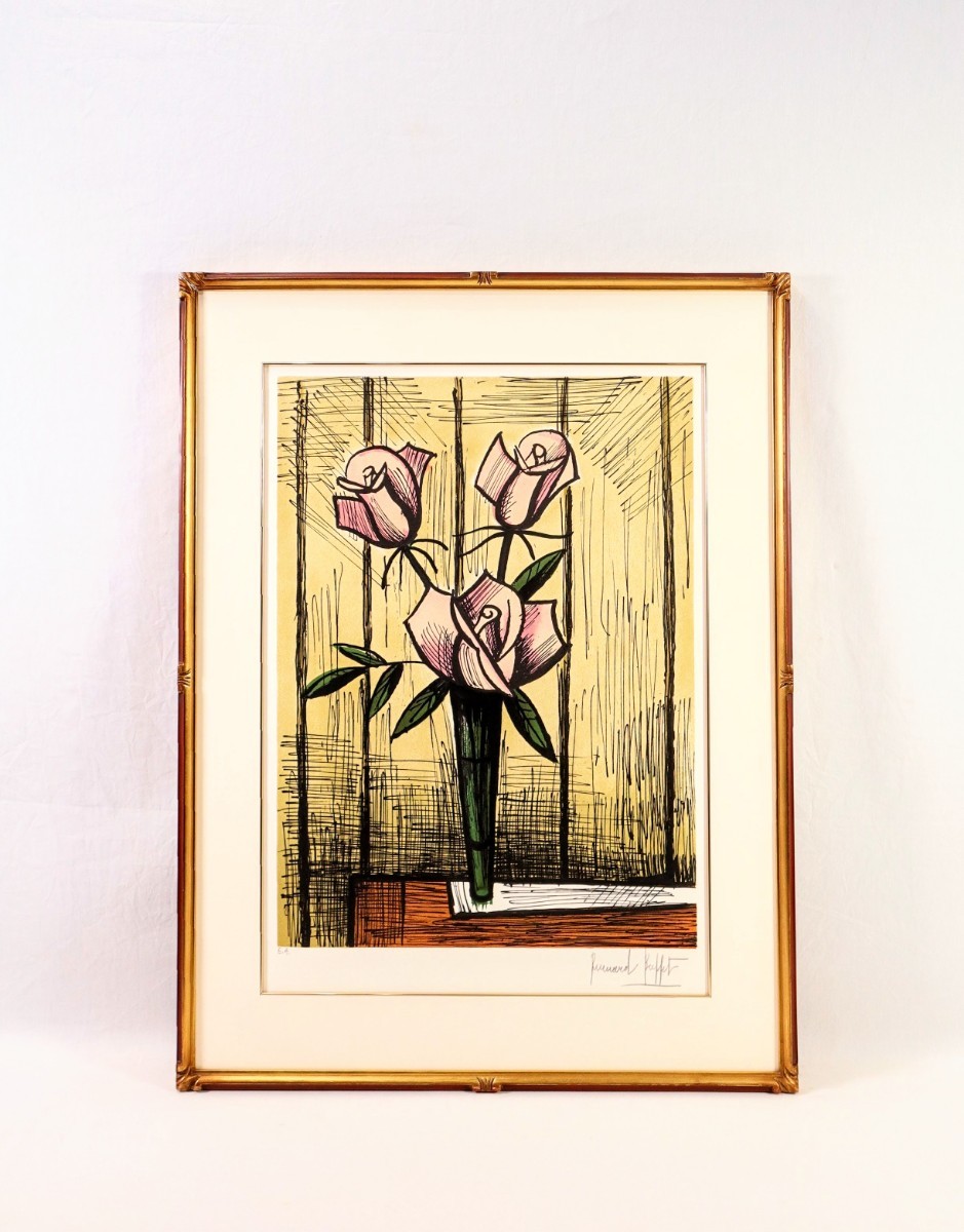 真作 ベルナール・ビュッフェ リトグラフ「バラ」画 39×53cm すっきりとした画面構成、明るい色使い、力強い折線が鮮明に感じる 薔薇 8209