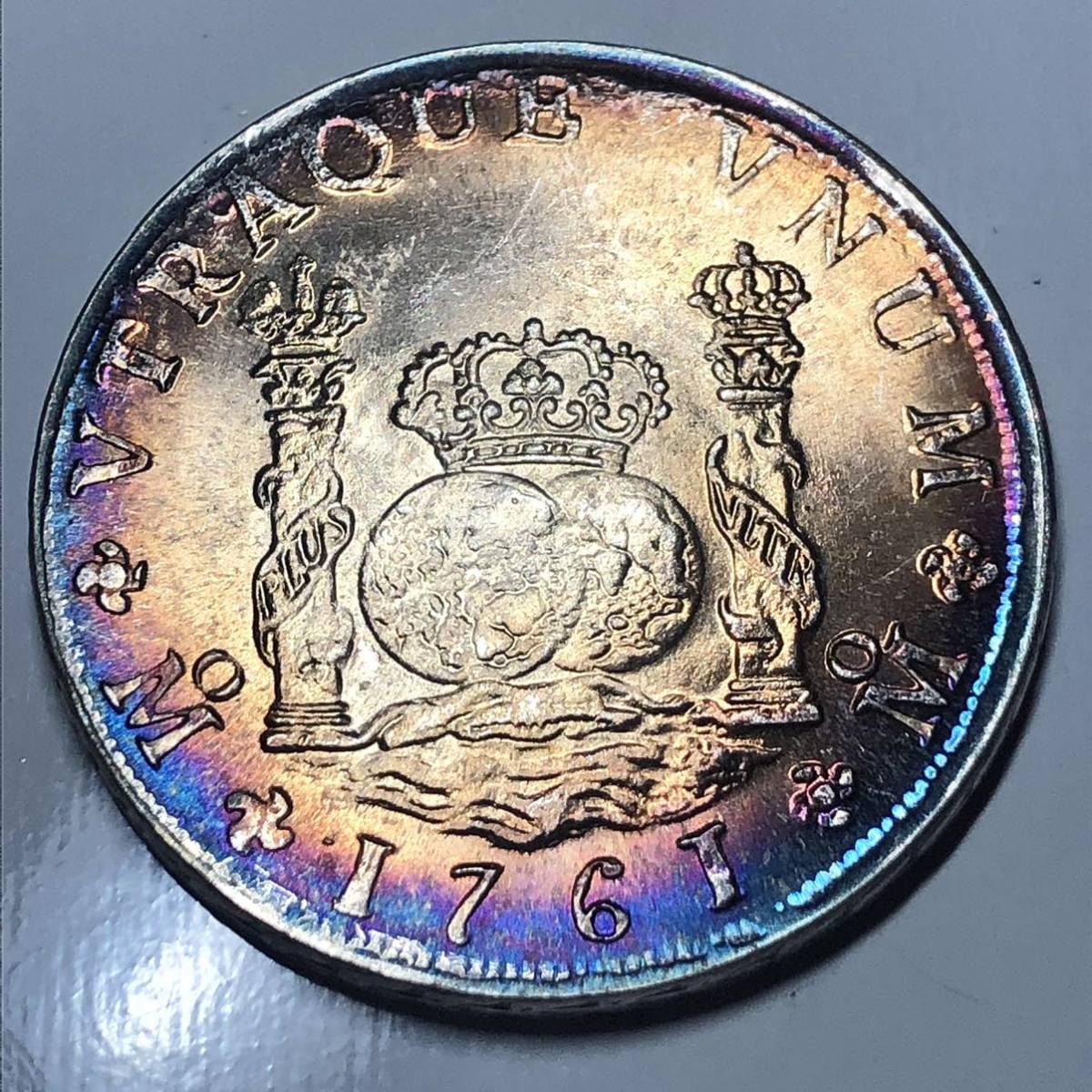 古銭 メキシコ　1761年　2レアル　ピラーダラー銀貨　カルロス3世 古銭 貿易銀　大型銀貨_画像1