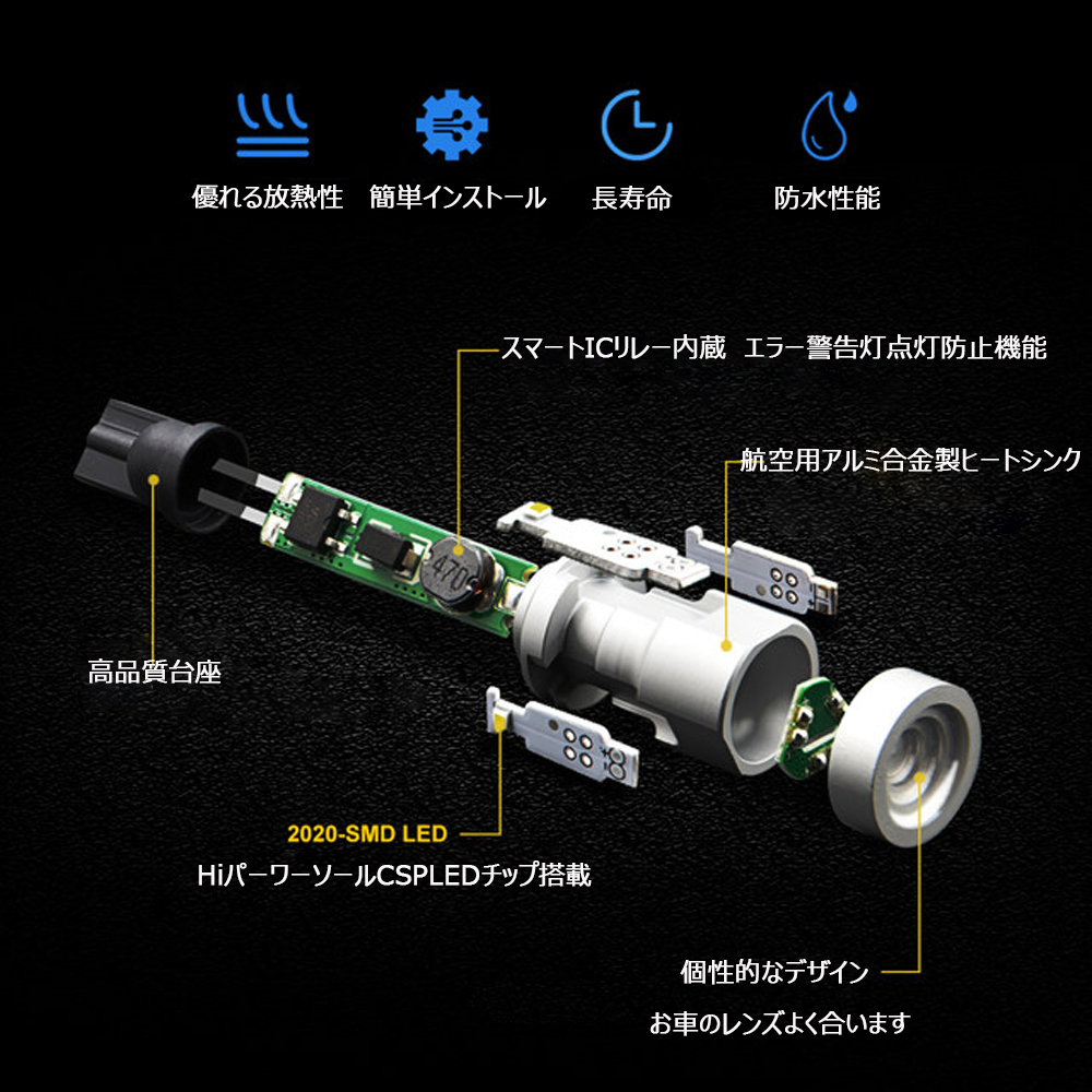 LEDバックランプ T15/T16 T20シングル T20ダブル S25シングル180° 12V/24V 16W 2400ルーメン ホワイト 無極性 ハイブリッド車対応 2本_画像2