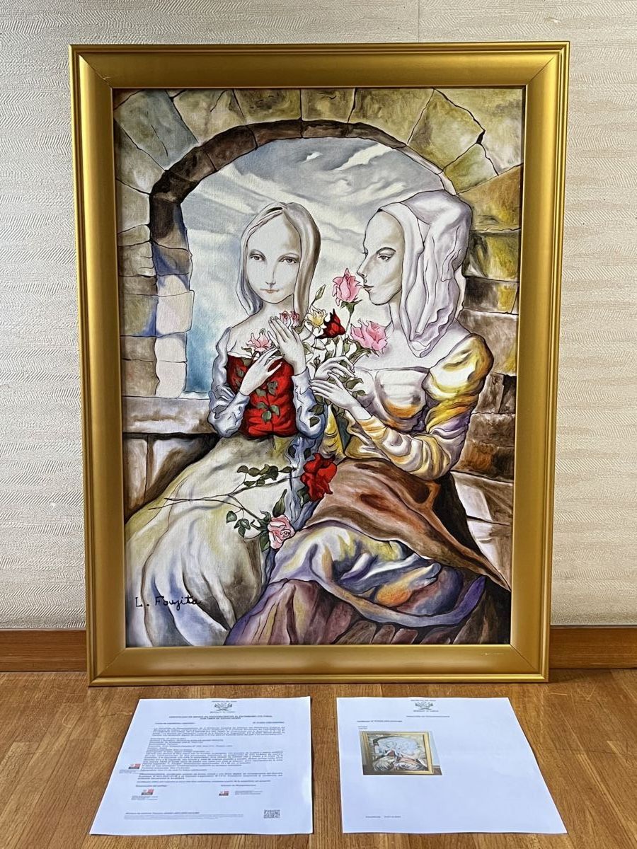 希少作品「藤田嗣治」レオナールフジタ 花を持った二人の女性　画廊来歴　模写_画像2