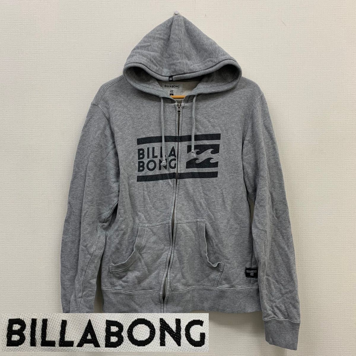 ◯ BILLABONG ビラボン 長袖 パーカー フーディー メンズ グレー XLサイズ ロゴ プリント ジップアップ 刺繍 アウター スウェットパーカー _画像1