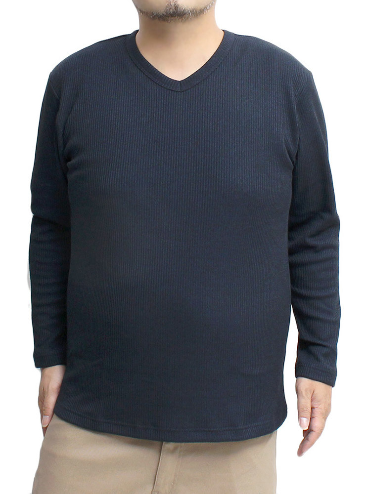 【新品】 5L ネイビー 長袖 Tシャツ メンズ 大きいサイズ 裏起毛 ヘンリーネック Vネック フェイクレイヤード 杢調 キーネック カットソー_画像1