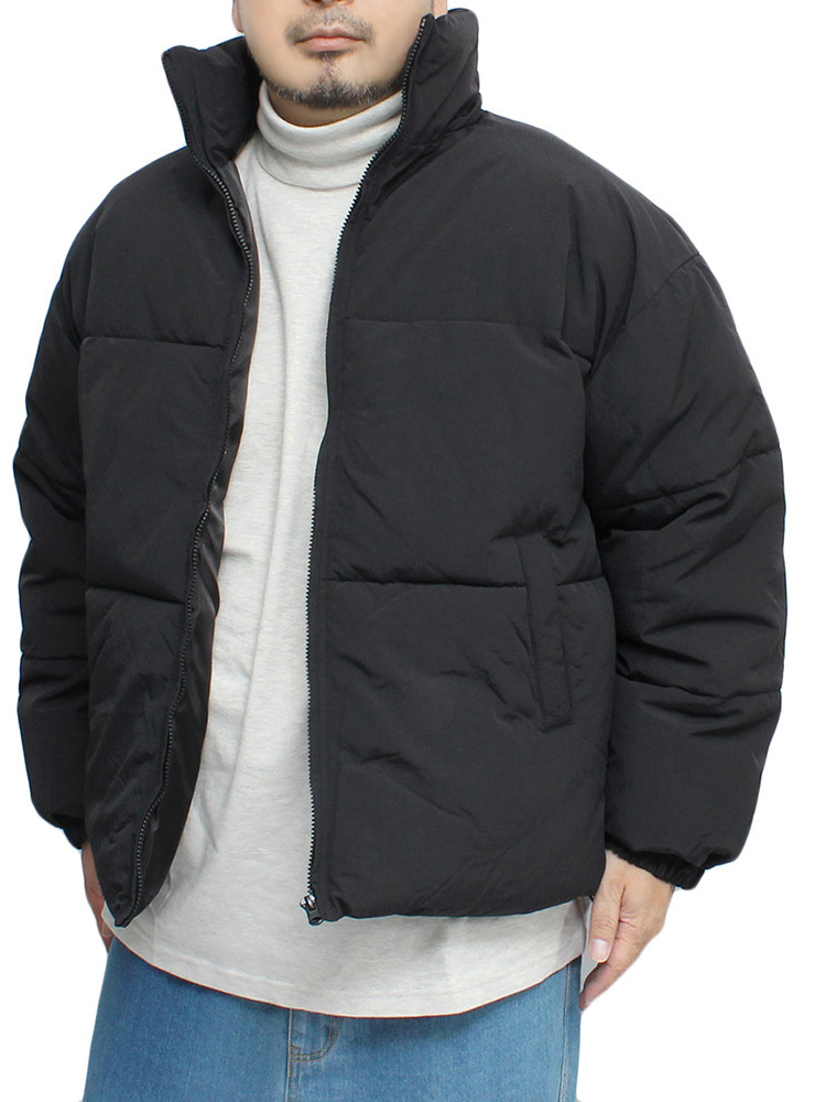 【新品】 2L ブラック 中綿 ダウンジャケット メンズ 大きいサイズ ナイロン スタンド パーカー ボリュームネック ブルゾン