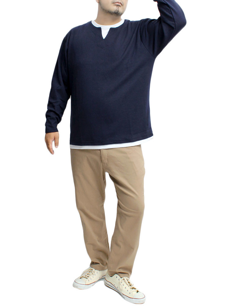 【新品】 3L ネイビー 長袖 Tシャツ メンズ 大きいサイズ ワッフル素材 キーネック フェイクレイヤード カットソー_画像2