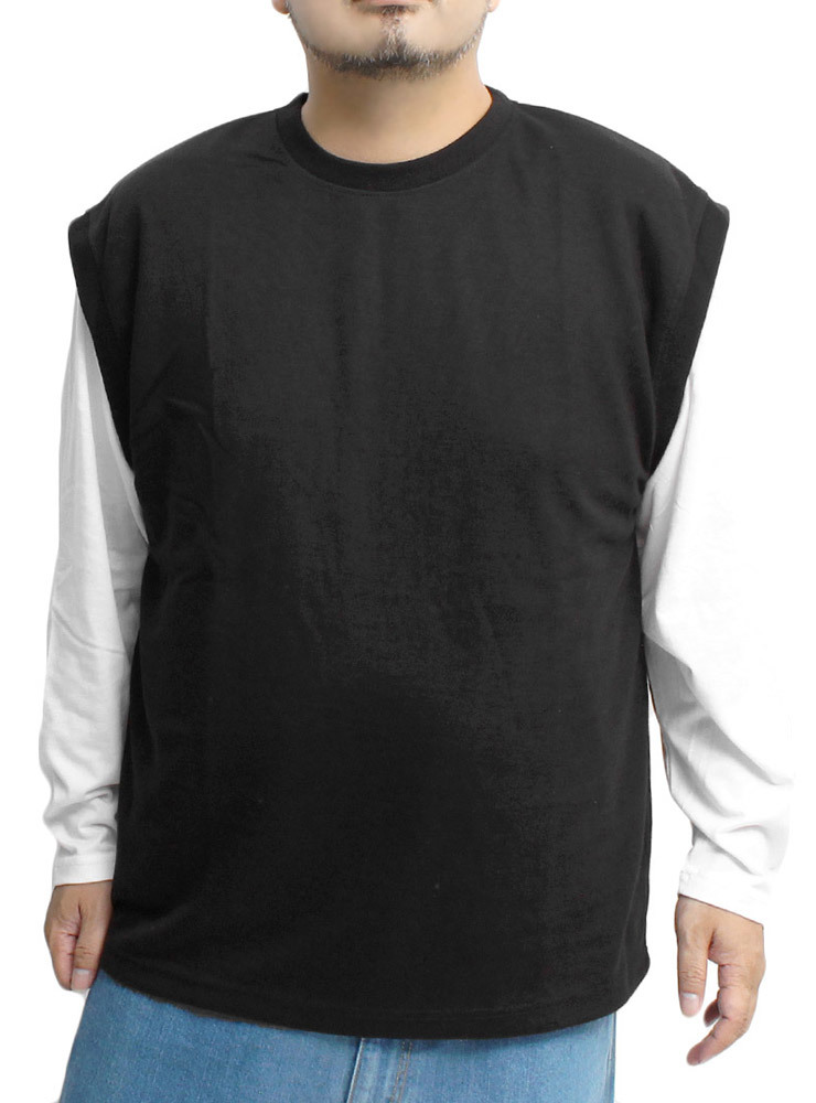 【新品】 4L ブラック ベスト 長袖 Tシャツ メンズ 大きいサイズ 薄手 ダンボール素材 レイヤード アンサンブル クルーネック カットソー_画像1