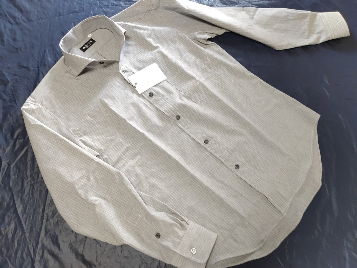 L寸・新品／日本製・ホリゾンタルカラーシャツ●グレー色ピンストライプ_画像4