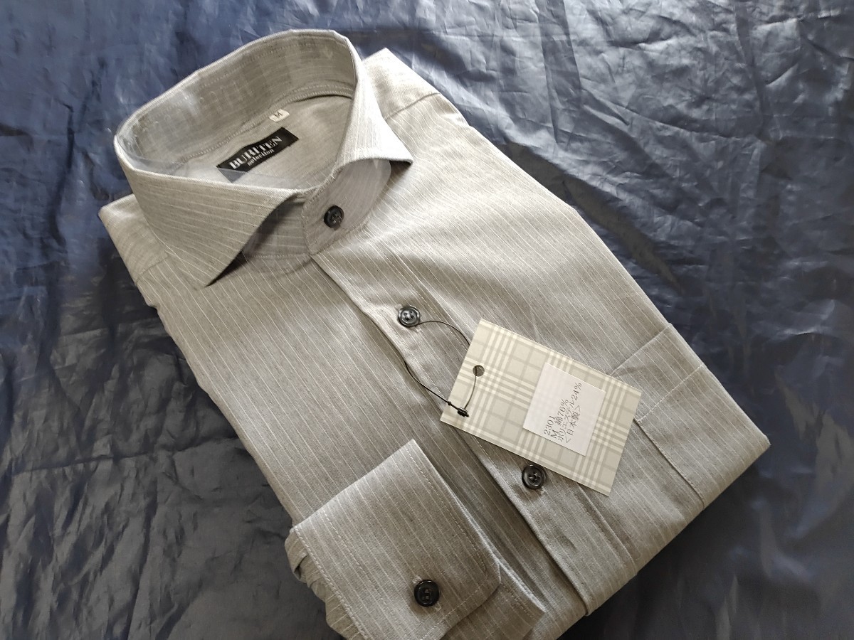 LL寸・新品／日本製・ホリゾンタルカラーシャツ●グレー色ピンストライプ_写真は他のサイズで代用
