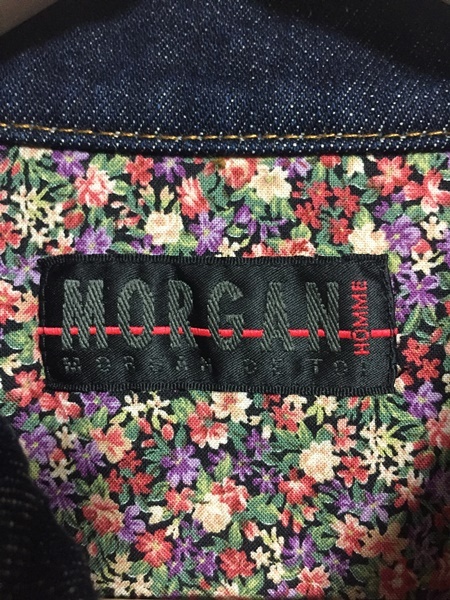 人気☆【MORGAN HOMME】裏地リバティー柄 レザー切替 インディゴデニムジャケット L 羊革 モルガン オム_画像4