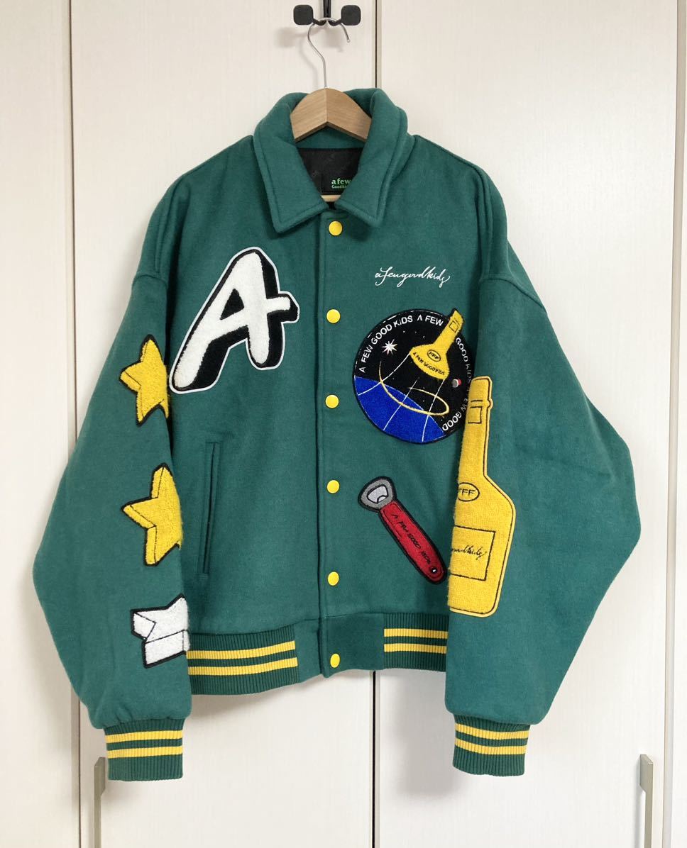 美品☆[A FEW GOOD KIDS] コラージュワッペン ウールスタジャン バーシティジャケット L グリーン アフューグッドキッズ_画像1