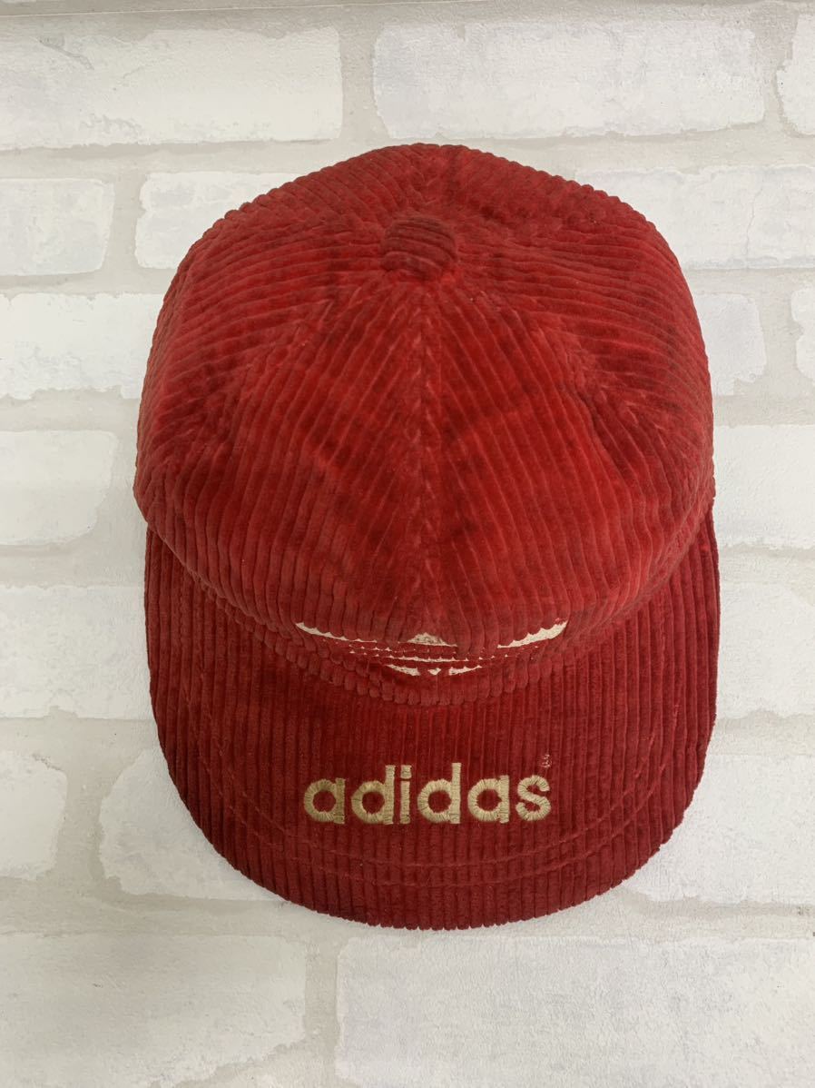 Y■ ビンテージ adidas アディダス キャップ Mサイズ 57㎝ デサント製 日本製 ロゴ刺繍 コーデュロイ レッド 赤 綿100% 帽子 レトロ _画像6