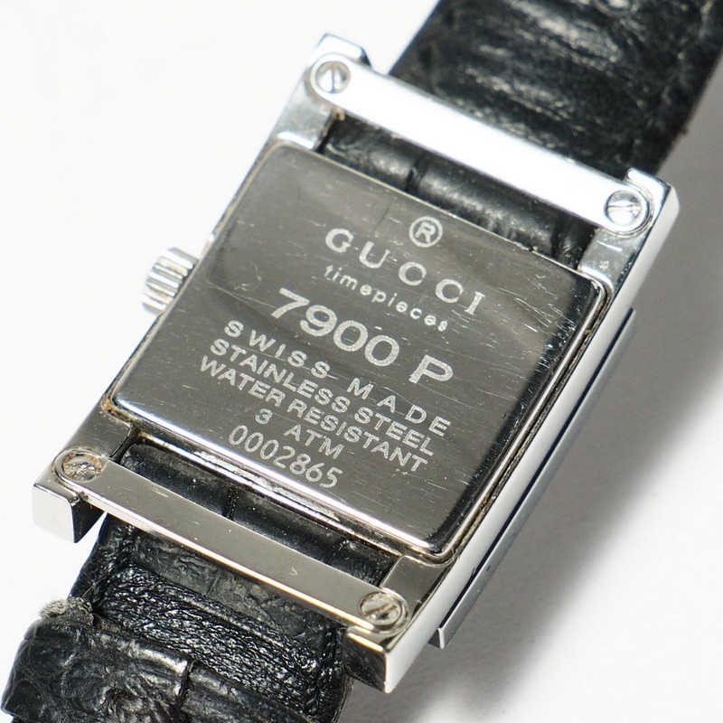 TG6561*スイス製《GUCCI グッチ》7900P レディースウォッチ クォーツ腕時計 スクエア クロコダイルベルト シルバー×ブラック 稼働品_画像6