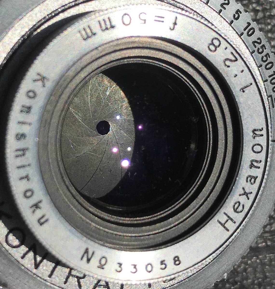 小西六 KONICAⅠ Hexanon 50mm f2.8 シャッター動作 距離計動作 レンズキャップ付属 コニカ コニカ1 フィルムカメラ アンティークカメラ_絞り羽根を絞った状態