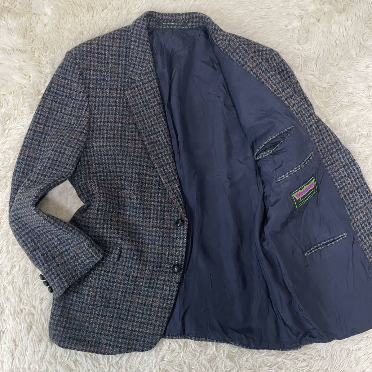 超希少4L相当！ ハリスツイード【圧巻のツイード】HARRIS TWEED×Westbury テーラージャケット 2B くるみボタン 総裏 グレー系 チェック 54_画像1