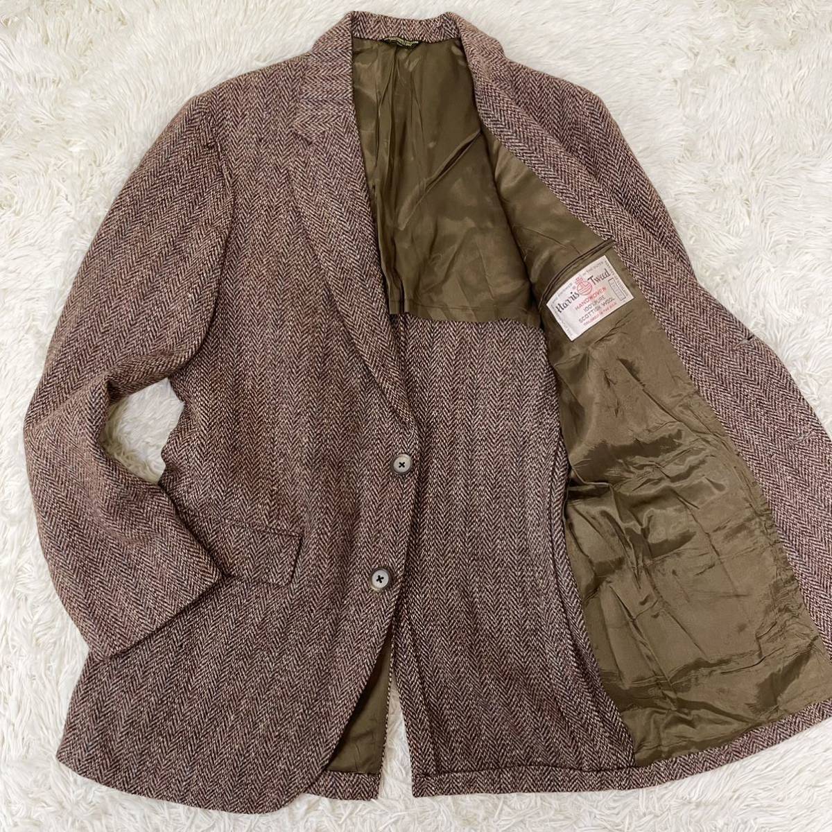 希少XL相当！ ハリスツイード【紳士のお洒落】HARRIS TWEED テーラージャケット ウール 2B 背抜き ブラウン系 ヘリンボーン総柄 50相当_画像1