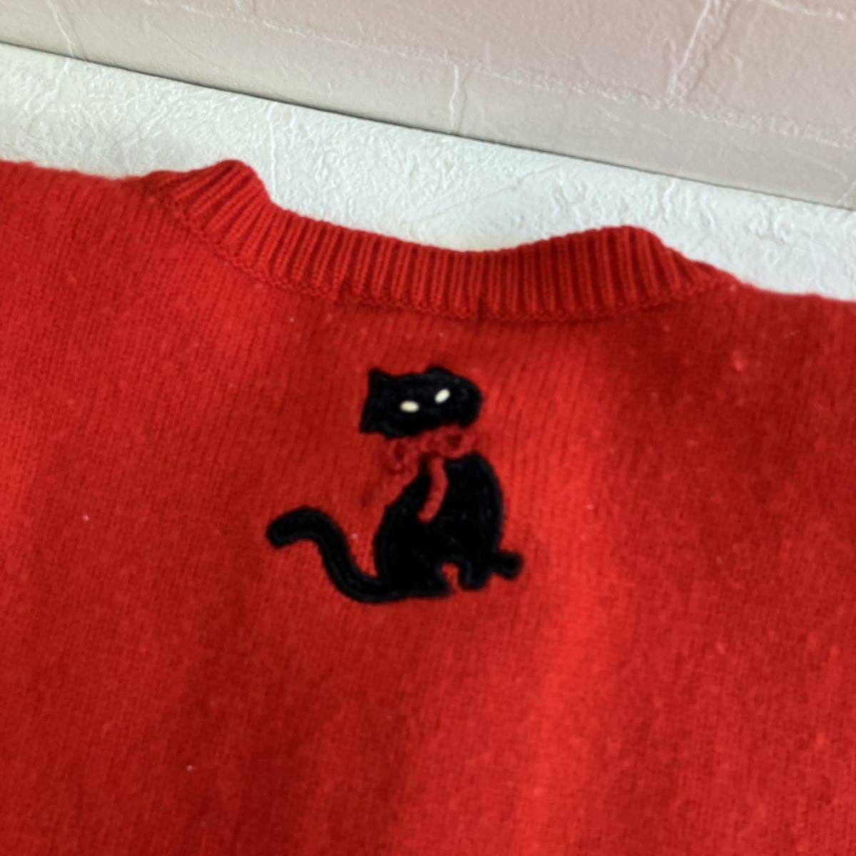  Showa Retro that time thing paserio corporation world Junior size. cardigan red black cat. up like embroidery wool 100% Vintage knitted for girl 