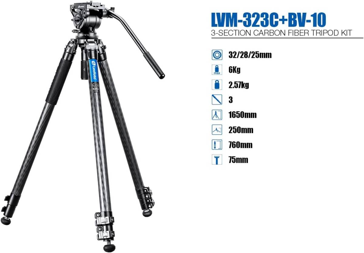 Leofoto LVM-323Cマンバ 65インチ カーボンファイバー ビデオ Leofoto LVM-323Cマンバ 65インチ カーボンファイバー ビデオ
