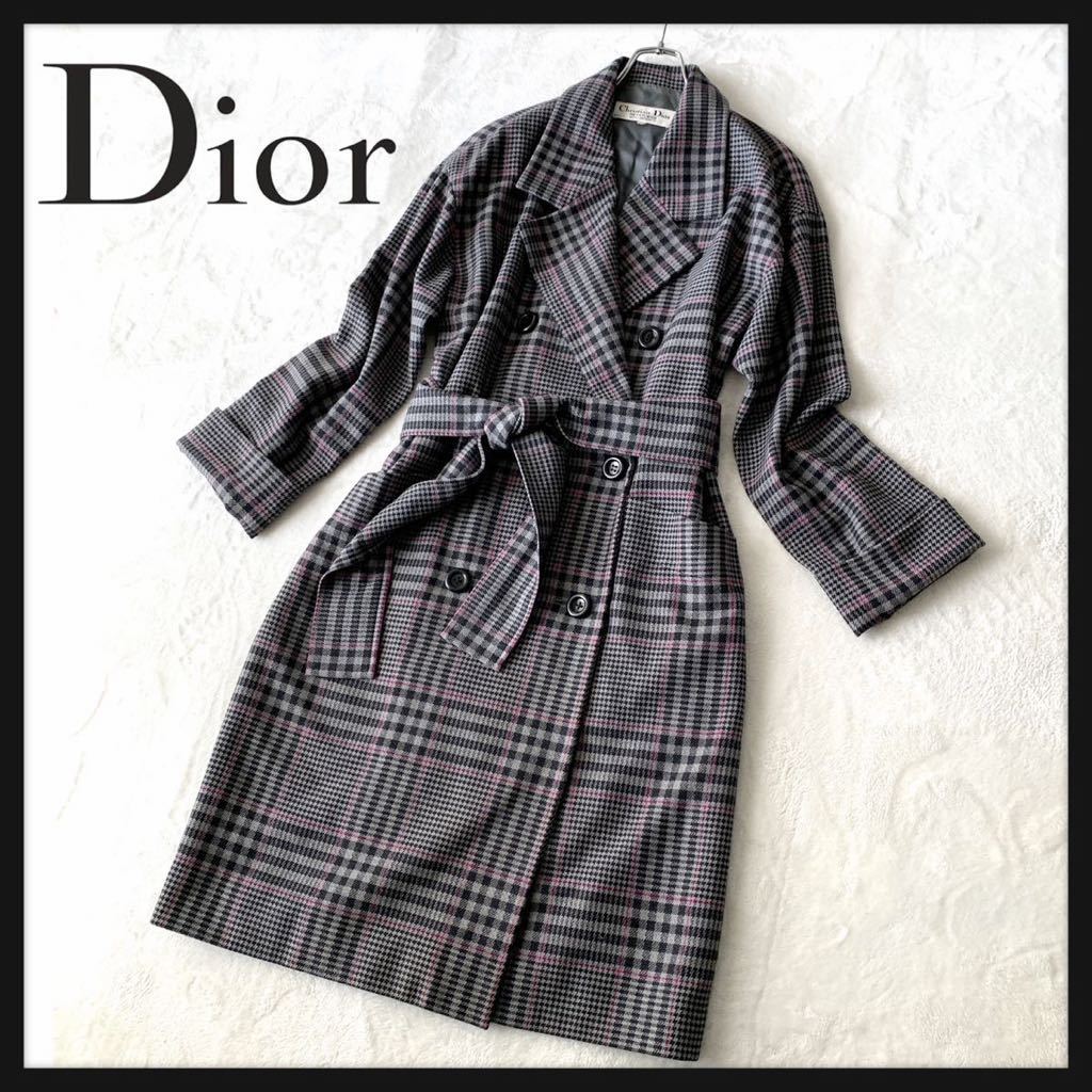 【希少】Christian Dior PRET-A-PORTER クリスチャン ディオール ウール ダブル トレンチ コート チェック 総柄 ヴィンテージ OLD_画像1