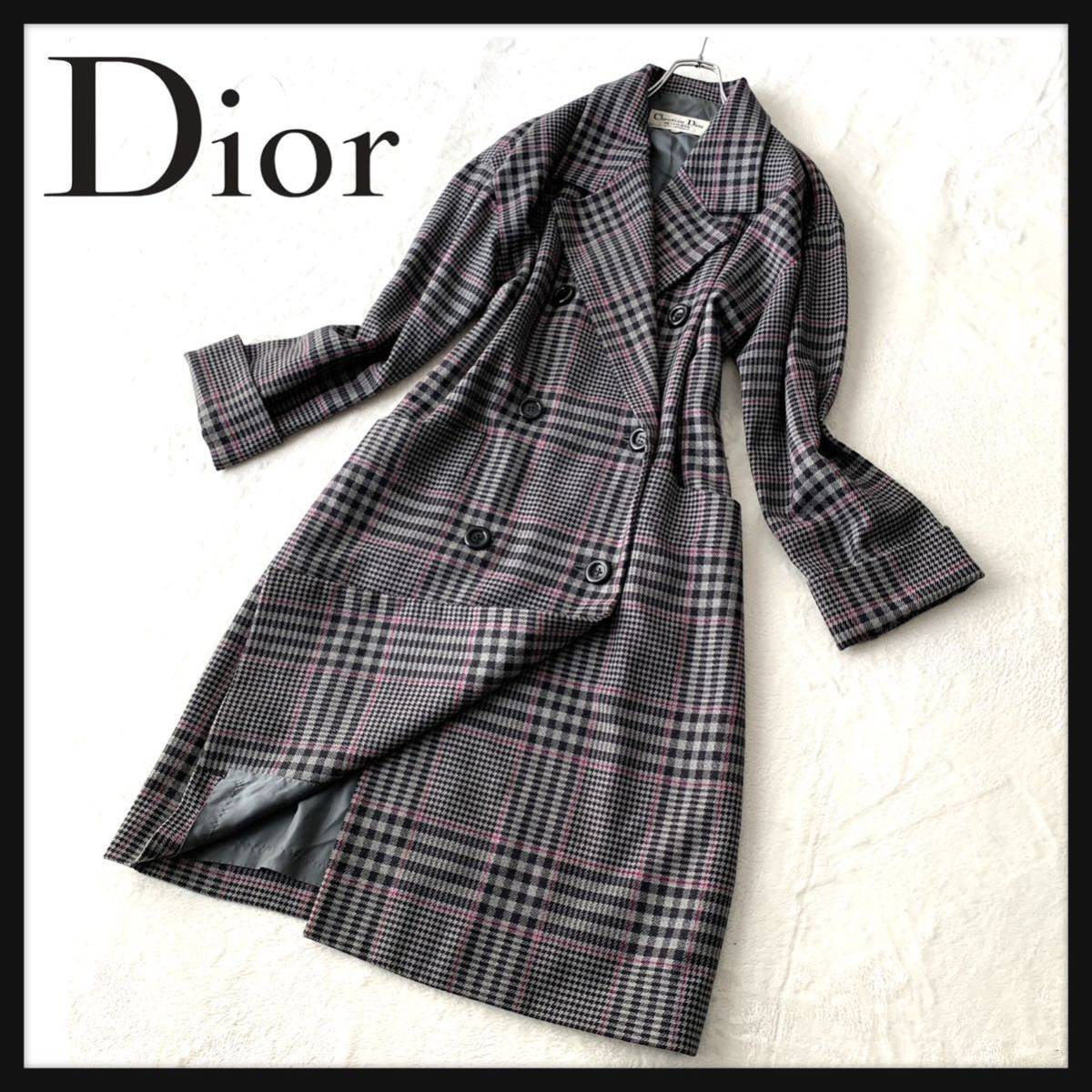 【希少】Christian Dior PRET-A-PORTER クリスチャン ディオール ウール ダブル トレンチ コート チェック 総柄 ヴィンテージ OLD_画像2