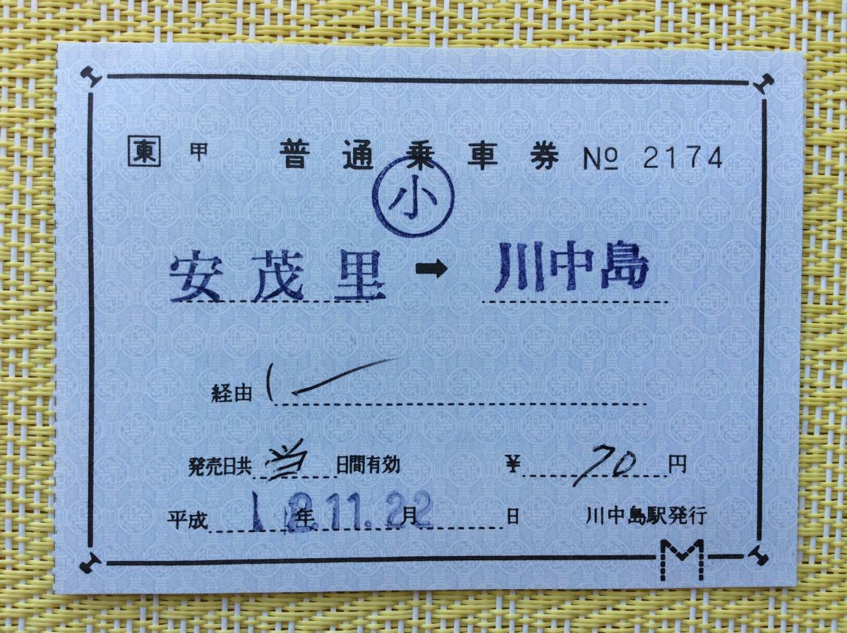 JR東 信越線 片道補充券 安茂里→川中島 平成2年 小児 他片 川中島駅発行_画像1