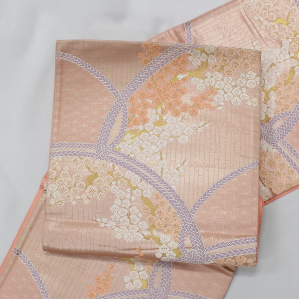 きもの日和◆500円~[理由有][日本製]西陣織正絹袋帯(ピンク色系×花柄/未仕立て/六通)bbh218[P]_※画像はイメージです