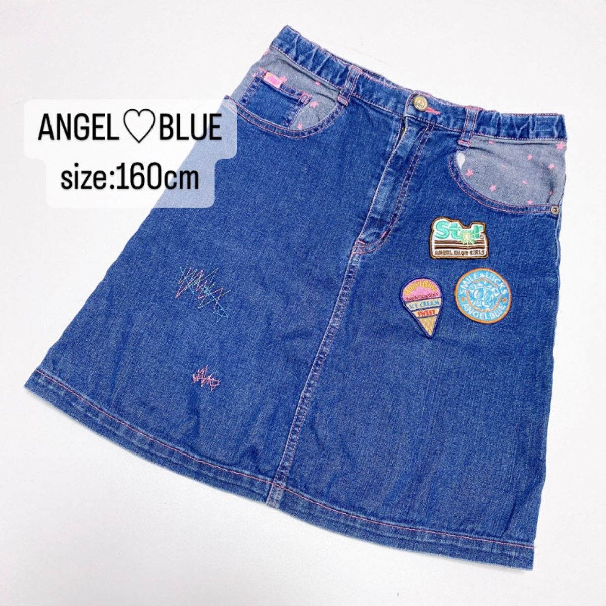 ANGEL BLUE デニムスカート ワッペン ナカムラくん 刺繍 160 ANGEL BLUE デニムスカート ワッペン ナカムラくん 刺繍 160